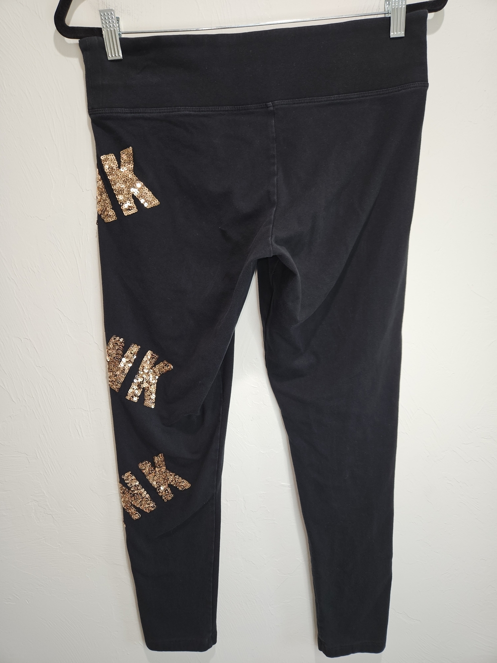 Victoria's Secret PINK Black Sequin Logo Rose Gold Leggings Women's Large - Picture 9 of 13